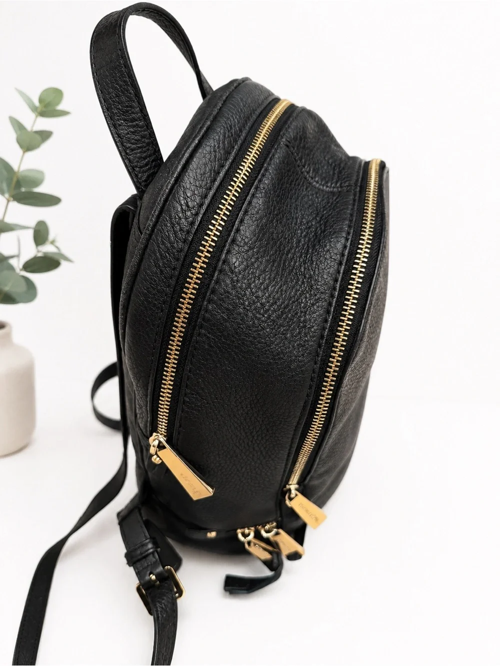 Michael Kors Black Pebbled Leather Backpack with Gold Hardware